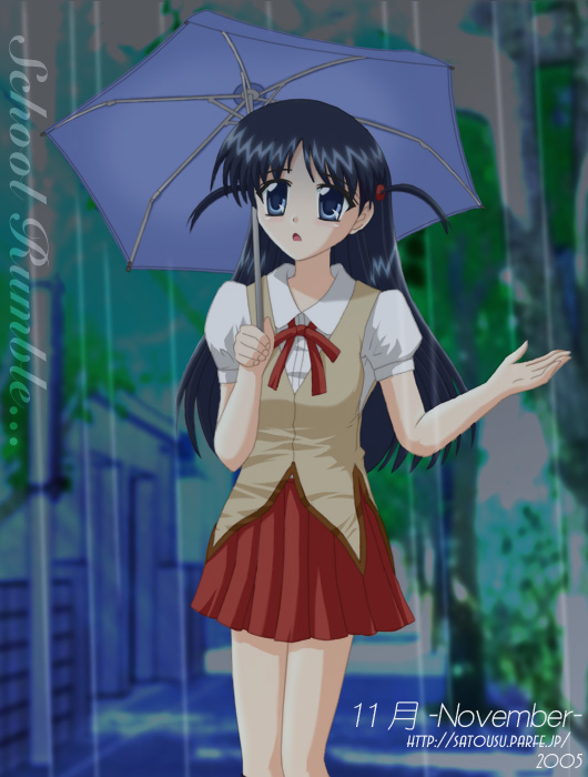 00s, 1girl, 2005, official_art, rain, satousu, school_rumble, school_uniform, serafuku, short_twintails, solo, tagme, tsukamoto_tenma, twintails, umbrella