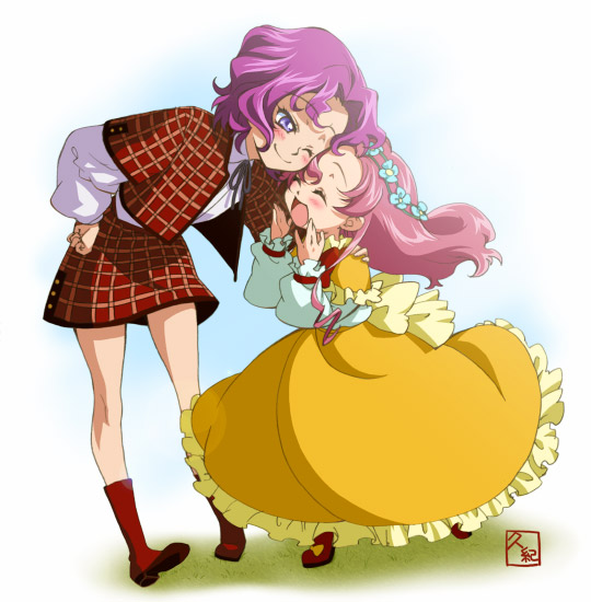 2girls, blue_eyes, blush, closed_eyes, code_geass, cornelia_li_britannia, dress, euphemia_li_britannia