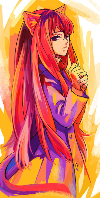1girl, animal_ears, brown_eyes, cat_ears, cat_tail, jacket, karakuri_chouchou, koaki
