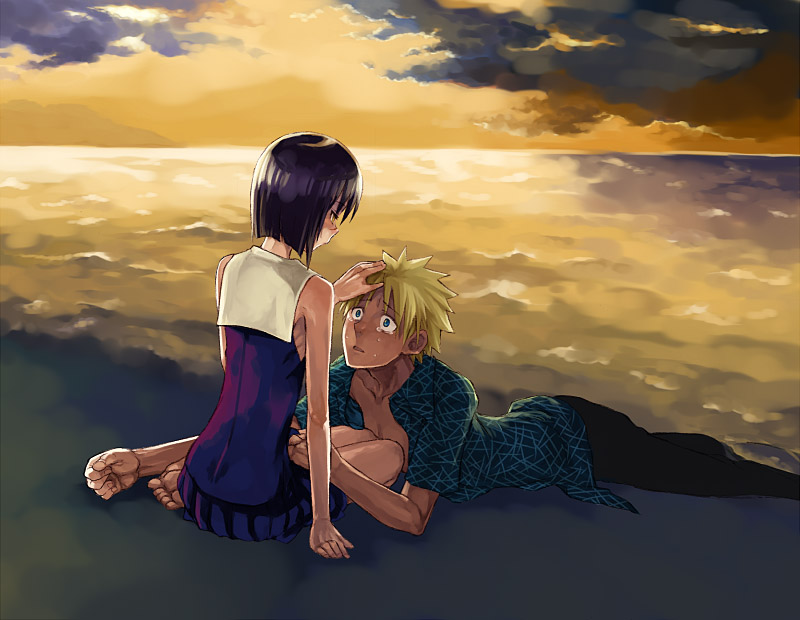 1boy, 1girl, barefoot, beach, bob_cut, busou_renkin, feet, futou_ryouko