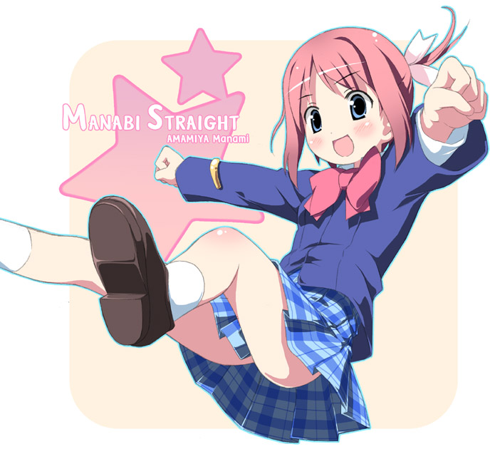 1girl, amamiya_manami, bow, gakuen_utopia_manabi_straight!, kantoku, pink_bow, plaid, plaid_skirt