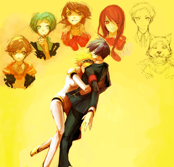 3boys, 4girls, aegis, aegis_(persona), amada_ken, android, aqua_hair, arisato_minato, armband, atlus, bandaid, bangs, bow, brown_hair, child, dog, hair_over_one_eye, hetero, hug, jacket, kirijou_mitsuru, kitaro, koromaru, long_hair, looking_at_viewer, multiple_boys, multiple_girls, persona, persona_3, red_eyes, redhead, sanada_akihiko, school_uniform, sketch, takeba_yukari, yamagishi_fuuka, yuuki_makoto