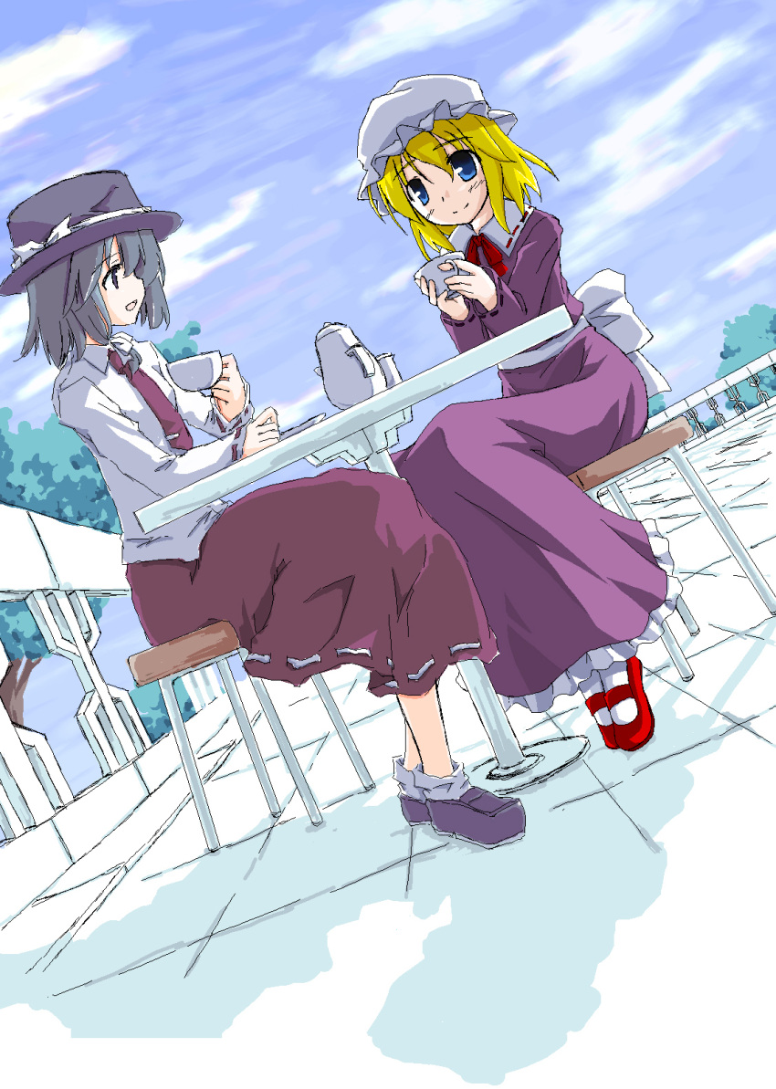 2girls, balcony, blonde_hair, blue_eyes, blue_sky, bonnet, bow, brown_eyes