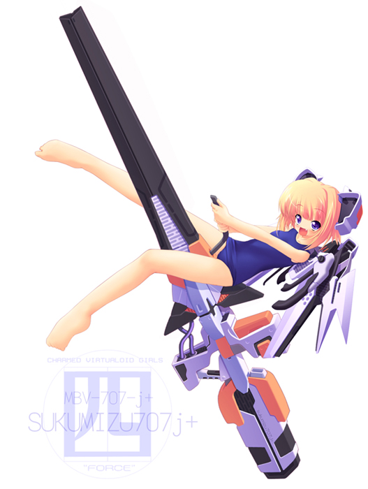 1girl, game_cg, hair_ornament, mecha_musume, one-piece_swimsuit, school_swimsuit, simple_background, solo