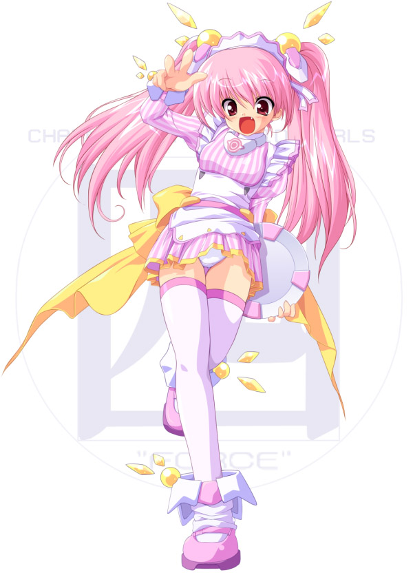 1girl, fei-yen, game_cg, hair_ornament, mecha_musume, pink_hair, solo, thigh-highs