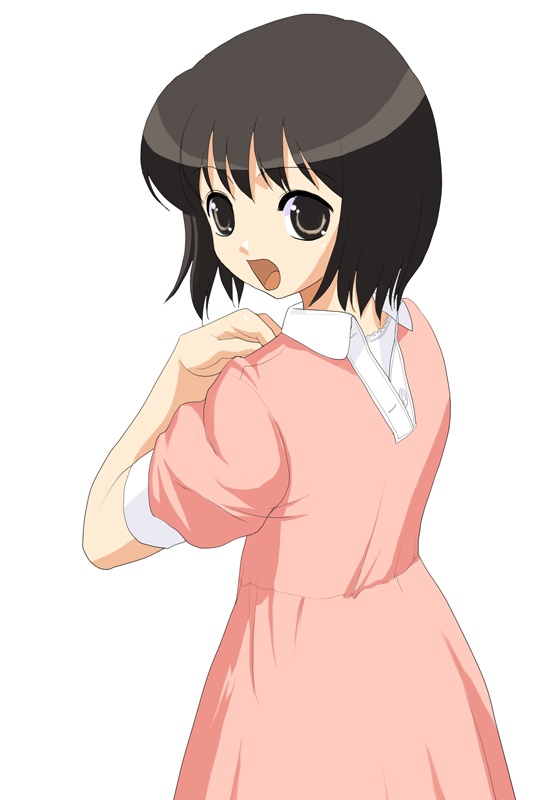 1girl, black_hair, brown_eyes, brown_hair, cowboy_shot, dress, dressing, looking_at_viewer