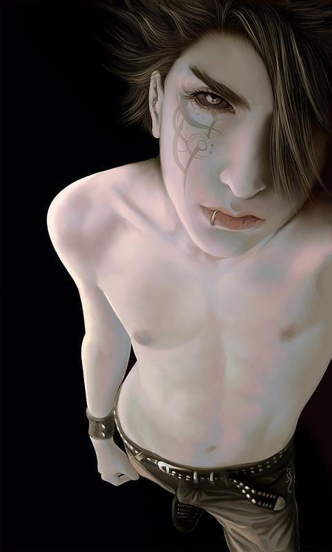 1boy, belt, black_sclera, brown_hair, from_above, hair_over_one_eye, lip_piercing, lipring