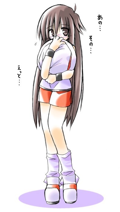 00s, 1girl, blue_(pokemon), blush, brown_eyes, brown_hair, embarrassed, footwear, hat, hiding, holding, holding_hat, long_hair, moe, pokemon, pokemon_(game), pokemon_frlg, rascal, scared, shorts, shy, simple_background, socks, solo, standing, translated, white_background