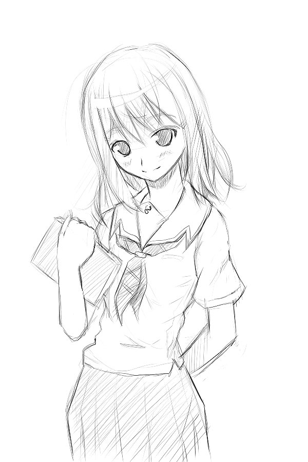 1girl, hoshino_yuumi, kimi_kiss, monochrome, otsutama_takashi, school_uniform, serafuku, simple_background