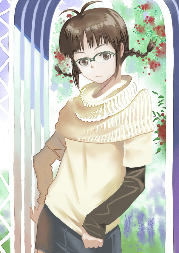 akizuki_ritsuko, antenna_hair, braid, brown_eyes, brown_hair, casual, glasses, idolmaster