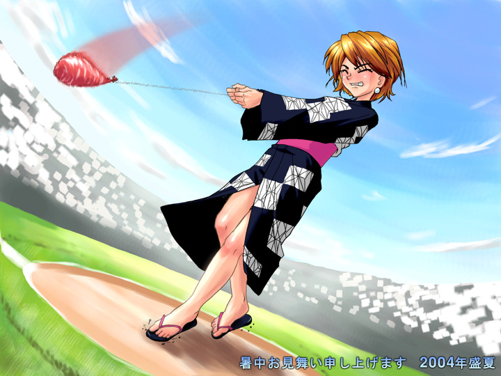 00s, 1girl, blush, closed_eyes, earrings, futari_wa_precure, hammer_throw, japanese_clothes, jewelry, kimono, maachin, misumi_nagisa, orange_hair, precure, shochuumimai, short_hair, solo, track_and_field, translated, yukata