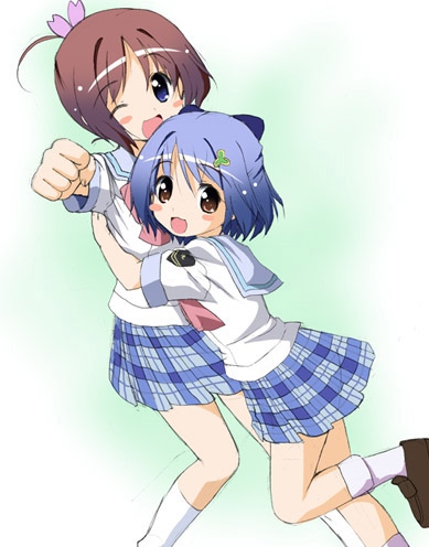 2girls, ahoge, amamiya_manami, blush_stickers, chisato_(missing_park), clenched_hand, gakuen_utopia_manabi_straight!, hug