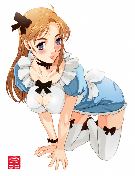 1girl, :p, all_fours, breasts, cleavage, maid, miniskirt, skirt, solo, sonobe_kazuaki, thigh-highs, tongue, tongue_out, zettai_ryouiki