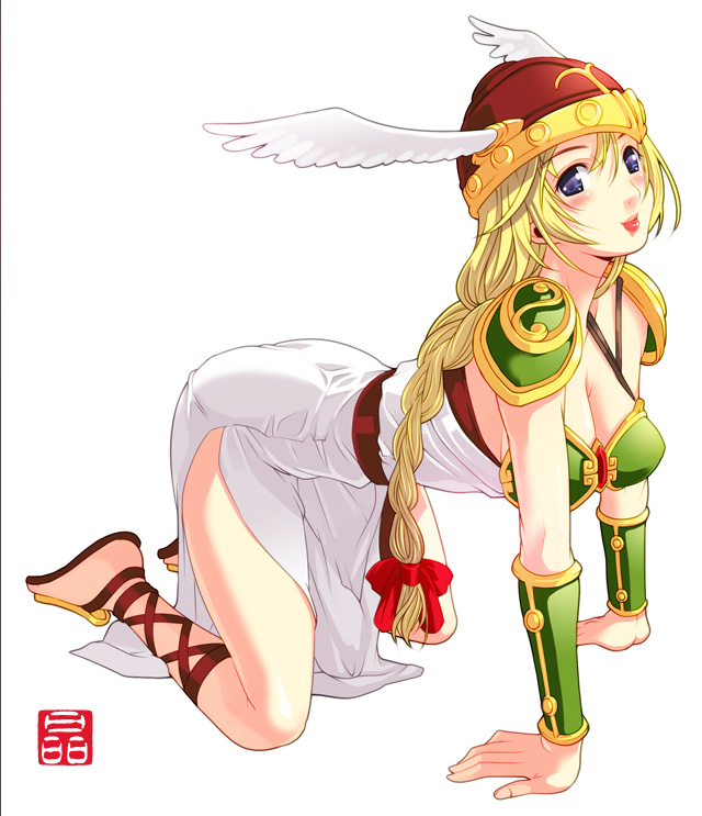 1girl, all_fours, armor, armored_dress, blonde_hair, blue_eyes, blush, braid, breasts, cleavage, gauntlets, gladiator_sandals, head_wings, helmet, lips, long_hair, namco, sandals, solo, sonobe_kazuaki, valkyrie, valkyrie_(vnd), valkyrie_no_densetsu, white_background
