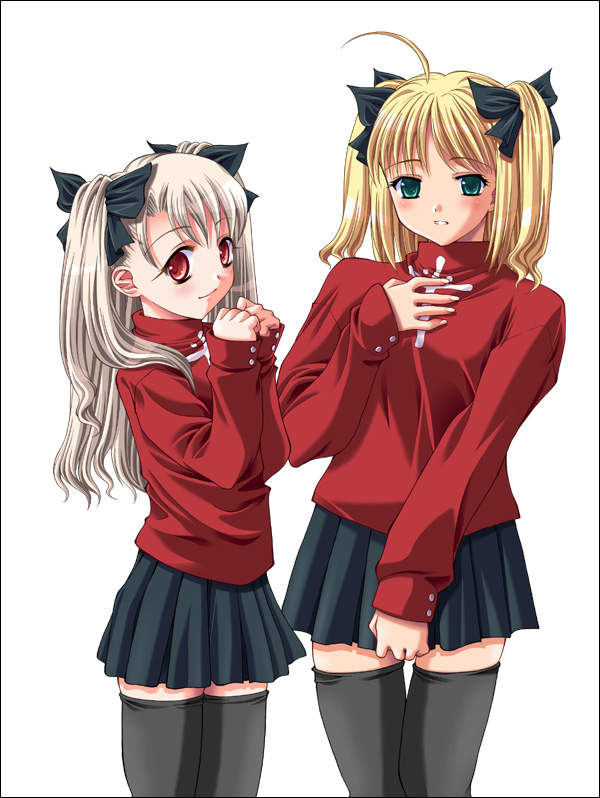 2girls, ahoge, albino, artoria_pendragon_(all), black_legwear, blonde_hair, border, cosplay