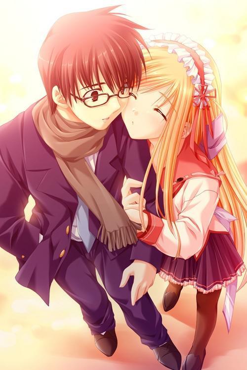 1boy, 1girl, blonde_hair, blush, couple, glasses, hug, nursery_rhyme
