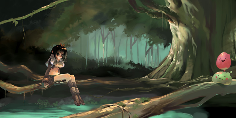 1girl, bare_legs, black_hair, blob, forest, full_body, hairband, looking_at_viewer