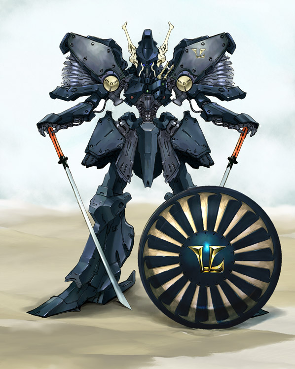 brockary, dual_wielding, five_star_stories, mecha, mortar_headd, no_humans, sentou_mecha_xabungle, shield, sword, vatshu, vatshu_the_black_knight, weapon