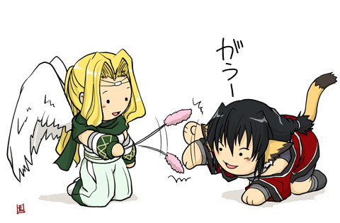 2girls, :d, afterimage, all_fours, angel_wings, animal_ears, black_hair, blonde_hair