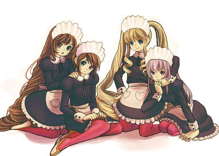 00s, 4girls, apron, blonde_hair, brown_hair, drill_hair, frills, headdress
