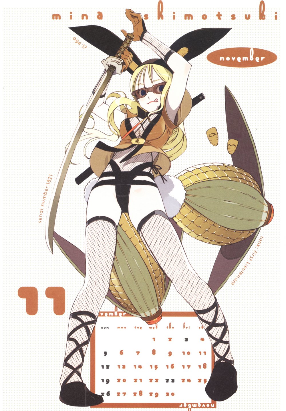 00s, 1girl, 2006, animal_ears, blonde_hair, blue_eyes, breasts, calendar
