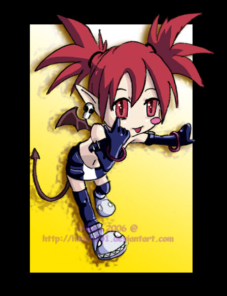 1girl, :p, ;b, belt, black_gloves, black_legwear, blush_stickers, boots, border, bracelet, chibi, collar, demon, demon_girl, disgaea, earrings, elbow_gloves, etna, female, full_body, gloves, gradient, gradient_background, grimace, jewelry, looking_at_viewer, makai_senki_disgaea, miniskirt, necklace, pointy_ears, red_eyes, redhead, running, short_hair, shorts, simple_background, skirt, smile, solo, tail, thigh-highs, tongue, tongue_out, twintails, wings, yellow_background