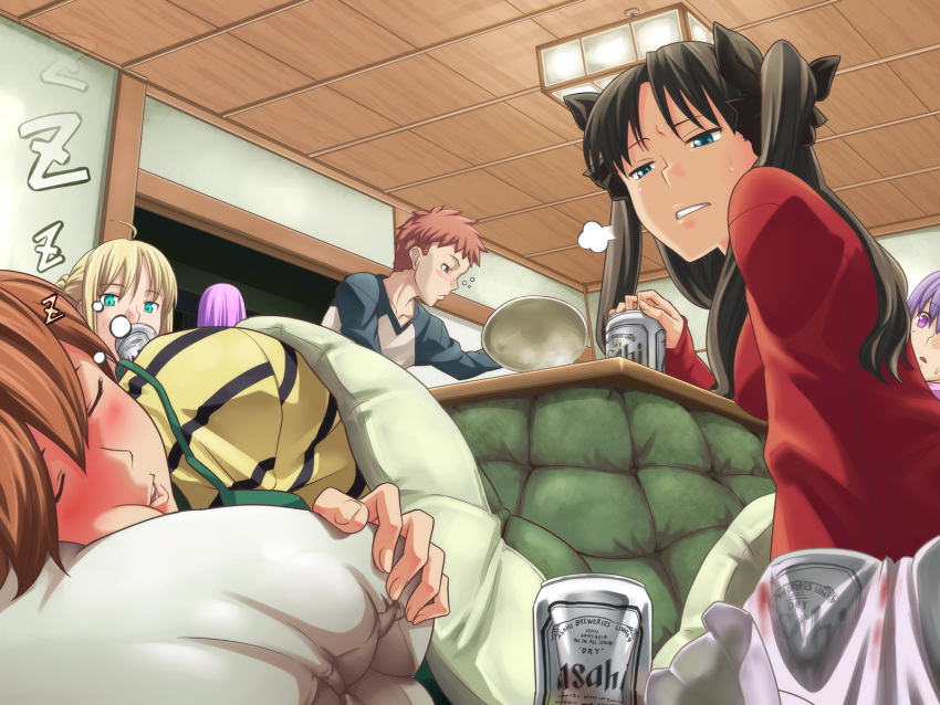 closed_eyes, drunk, emiya_shirou, fate/stay_night, fate_(series), fujimura_taiga, fukurou, hands