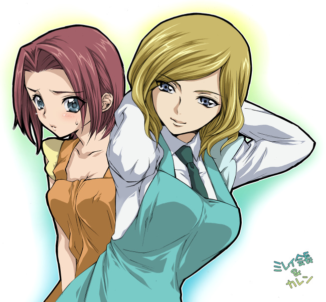 2girls, apron, arms_up, blonde_hair, blue_eyes, blush, breasts, cleavage