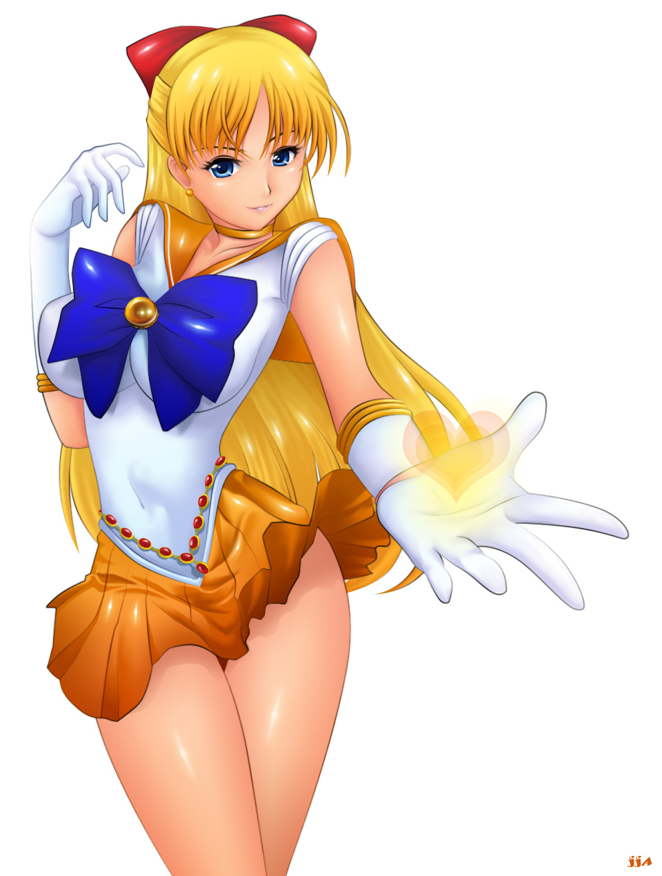 1girl, 90s, aino_minako, belt, bishoujo_senshi_sailor_moon, blonde_hair, blue_eyes, bow, chain_belt, choker, earrings, gloves, hair_bow, half_updo, heart, highres, hips, jewelry, jewelry_star_bracelet, khalitzburg, long_hair, magical_girl, miniskirt, orange_skirt, pretty_guardian_sailor_moon, red_bow, sailor_venus, simple_background, skirt, smile, solo, white_background, white_gloves