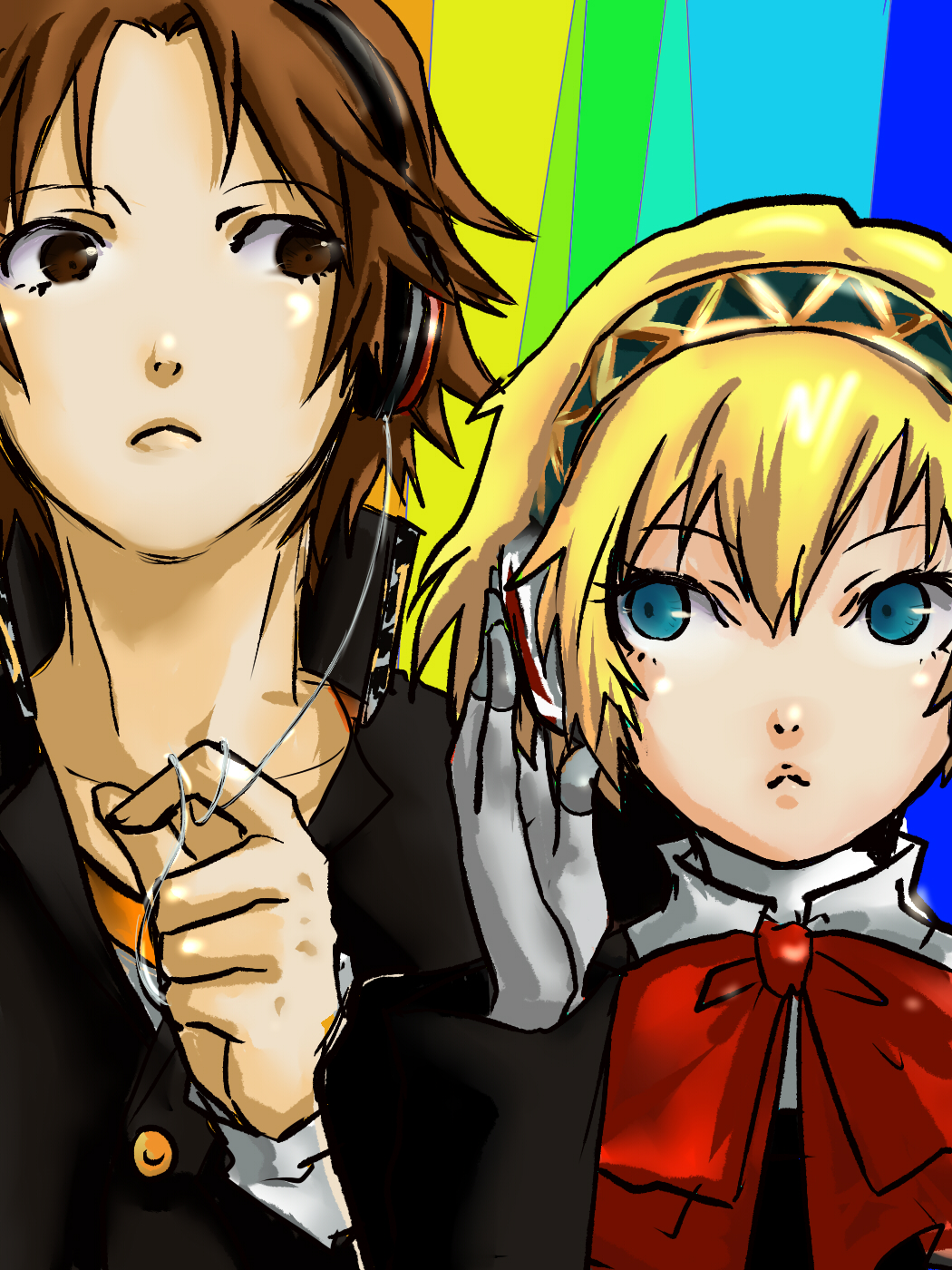 aegis, bad_id, blonde_hair, blue_eyes, brown_eyes, brown_hair, buttons, crossover