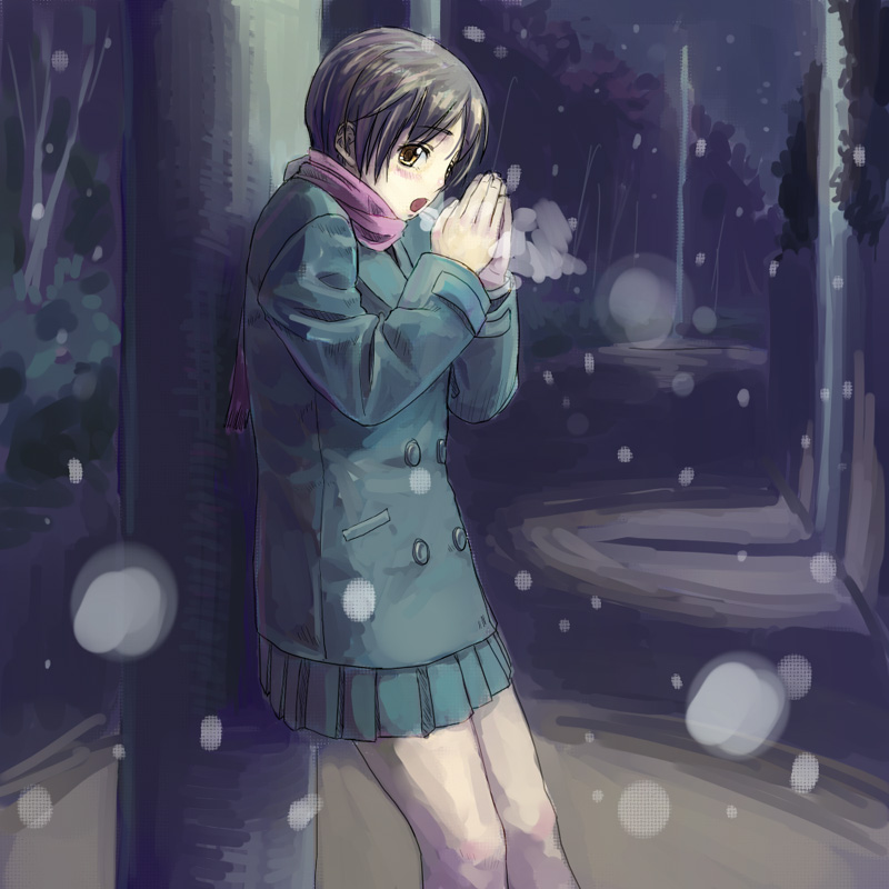 1girl, breath, brown_hair, coat, cold, hands_together, leaning, night