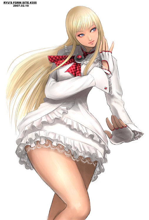 1girl, bangs, blonde_hair, blue_eyes, closed_mouth, dress, emilie_de_rochefort, eyeshadow, feet_out_of_frame, female, fingerless_gloves, frills, gloves, hime_cut, hips, long_hair, long_sleeves, looking_away, makeup, plaid, plaid_neckwear, ryu_(ryu's_former_site), simple_background, solo, tekken, thighs, white_background, white_dress, white_gloves, wide_hips