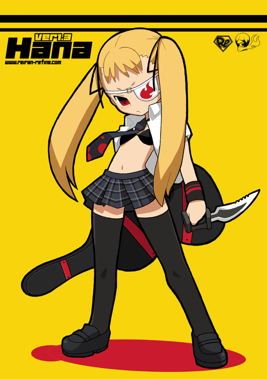 1girl, blonde_hair, eyepatch, guitar, imaizumi_teruhiko, instrument, knife, midriff