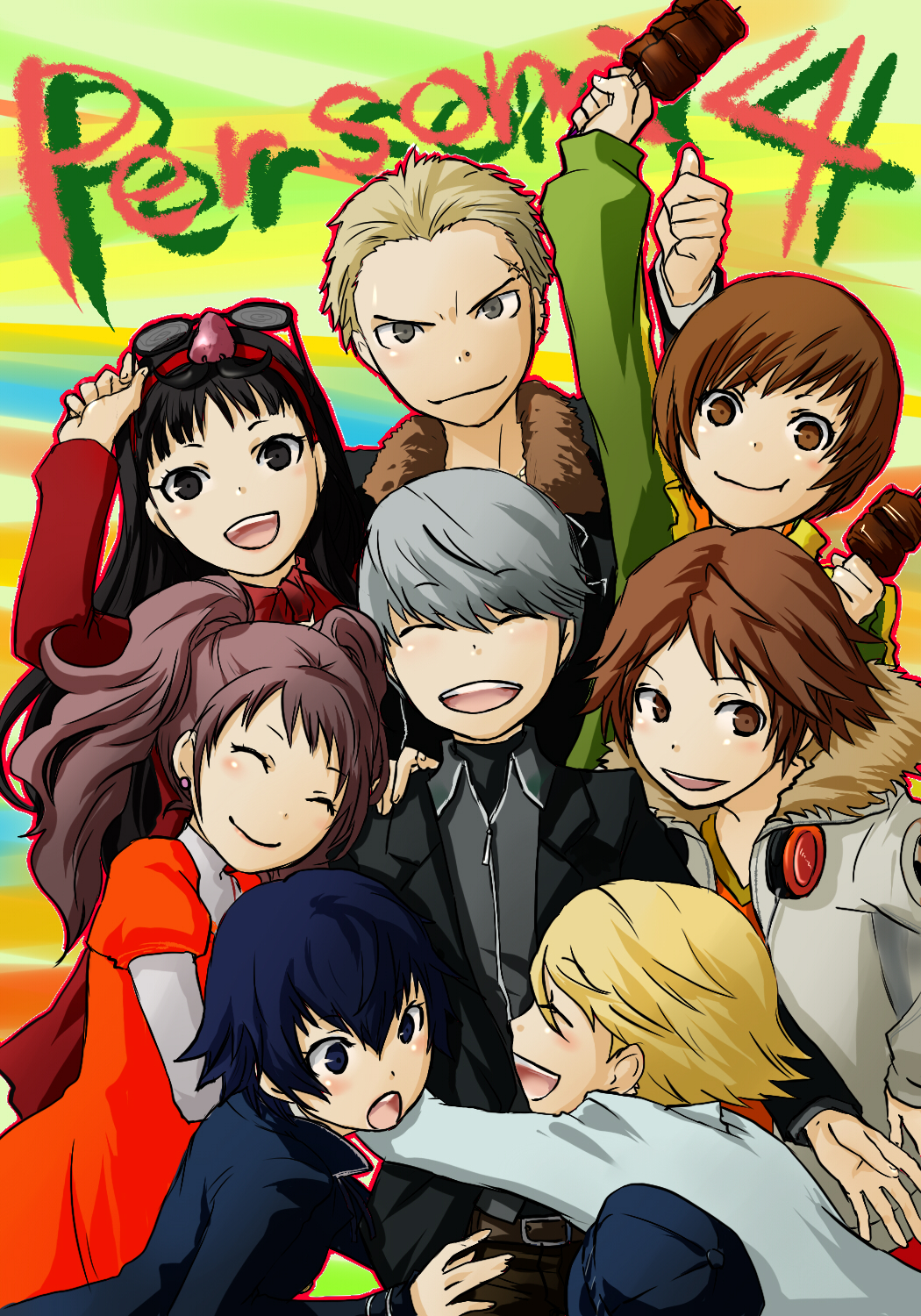 closed_eyes, food, hanamura_yousuke, highres, kujikawa_rise, kuma_(persona_4), meat, narukami_yuu, persona, persona_4, satonaka_chie, seta_souji, shirogane_naoto, tatsumi_kanji, yukino_hai