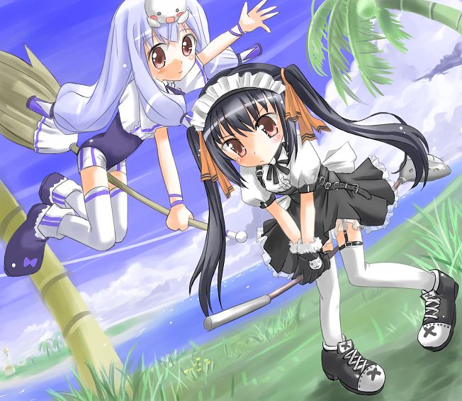 2girls, black_gloves, black_hair, black_shoes, black_skirt, blue_hair, bow, broom