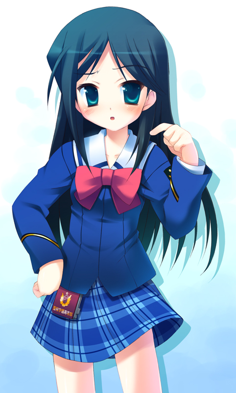 1girl, black_hair, blue_eyes, bow, etou_mei, female, gakuen_utopia_manabi_straight!, long_hair, meito_(maze), open_mouth, pink_bow, plaid, plaid_skirt, ribbon, school_uniform, serafuku, skirt, solo