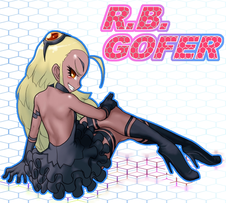 antenna_hair, bare_back, bare_shoulders, black_dress, blonde_hair, boro, breasts, dark_skin