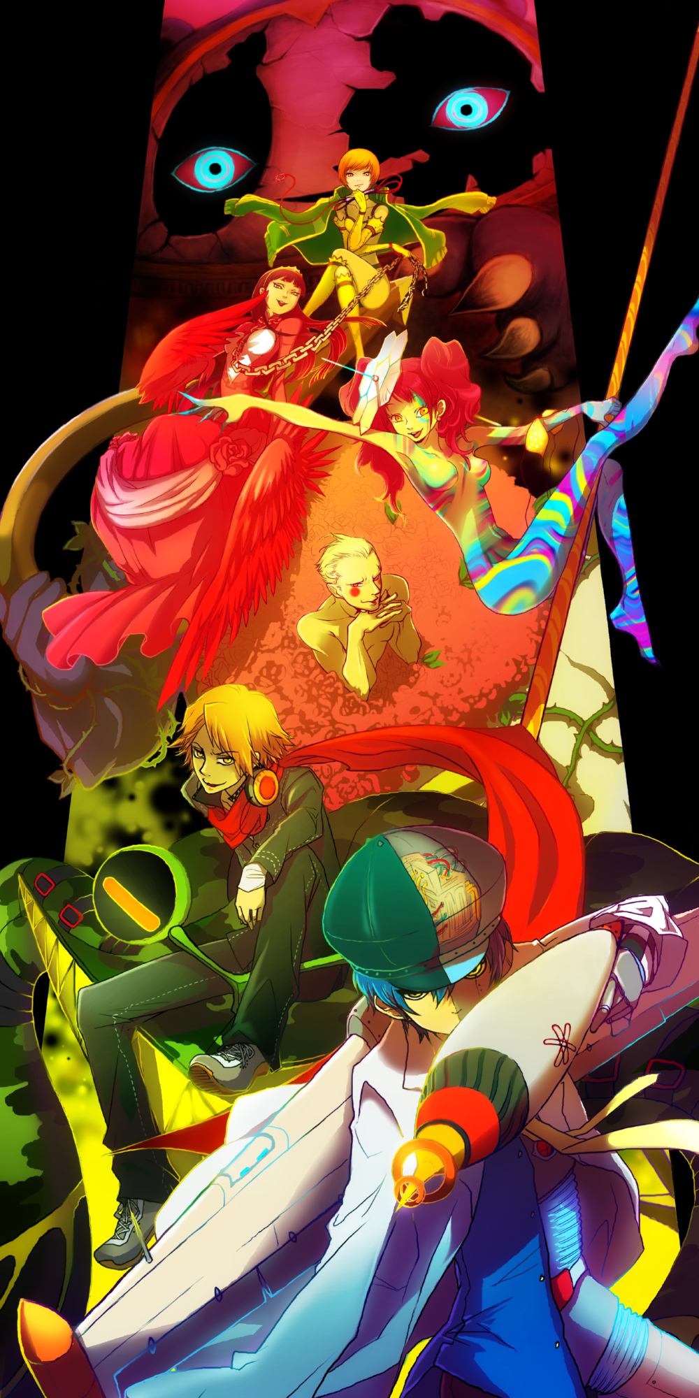 bad_end, chain, chains, dark_persona, hanamura_yousuke, highres, komainu44, kujikawa_rise, leash, persona, persona_4, pole, pole_dancing, satonaka_chie, shirogane_naoto, tatsumi_kanji