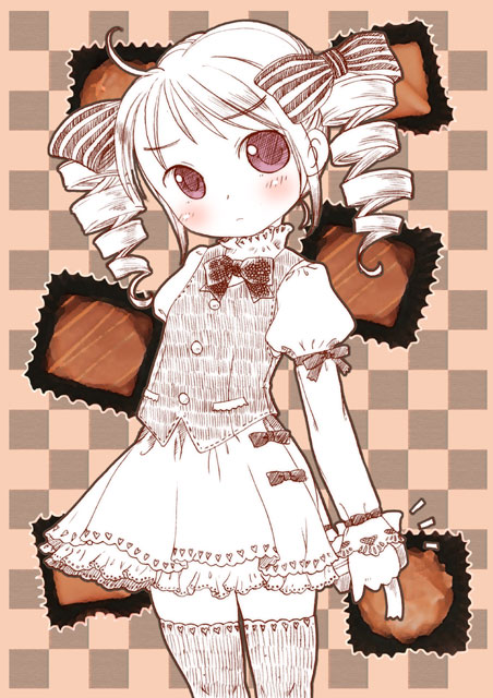 1girl, ahoge, albino, blush, bow, candy, checkered, checkered_background