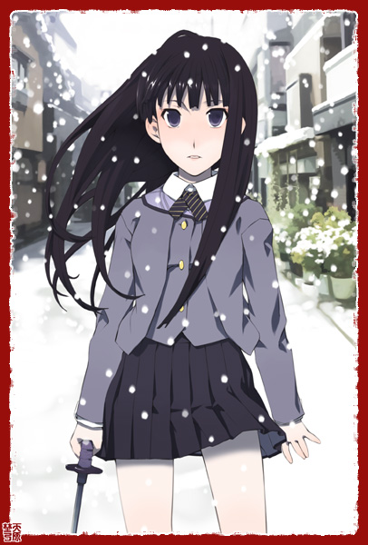 1girl, black_hair, blue_eyes, border, long_hair, red_border, school_uniform, serafuku