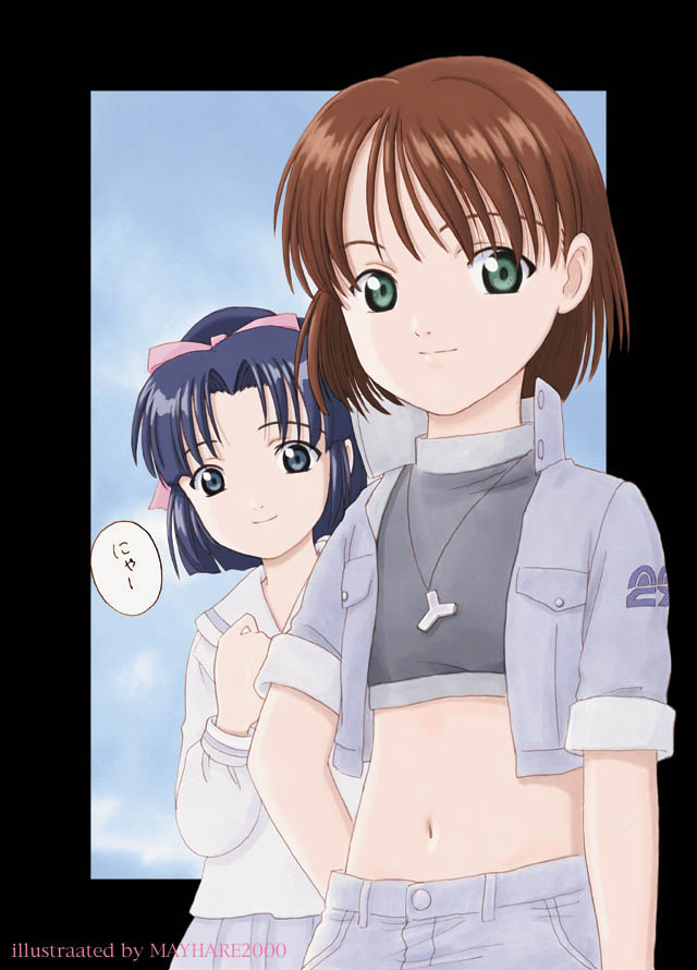 2girls, 90s, artist_name, black_hair, blue_eyes, blue_hair, bow, brown_hair, green_eyes, hakuhouin_ayano, mayhare, midriff, multiple_girls, navel, ponytail, ribbon, short_hair, soreyuke!_uchuu_senkan_yamamoto_youko, yamamoto_youko