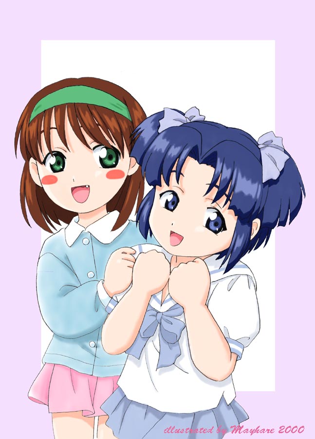 2girls, 90s, :d, blue_eyes, blue_hair, blue_skirt, border, brown_hair, female, green_eyes, hakuhouin_ayano, looking_at_viewer, mayhare, multiple_girls, open_mouth, pink_skirt, pleated_skirt, school_uniform, serafuku, short_hair, skirt, smile, soreyuke!_uchuu_senkan_yamamoto_youko, twintails, yamamoto_youko