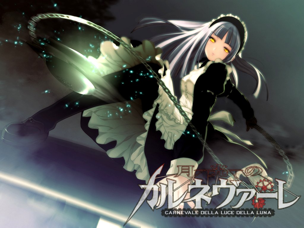 1girl, chains, dress, frills, gekkou_no_carnevale, kneeling, long_hair, maid