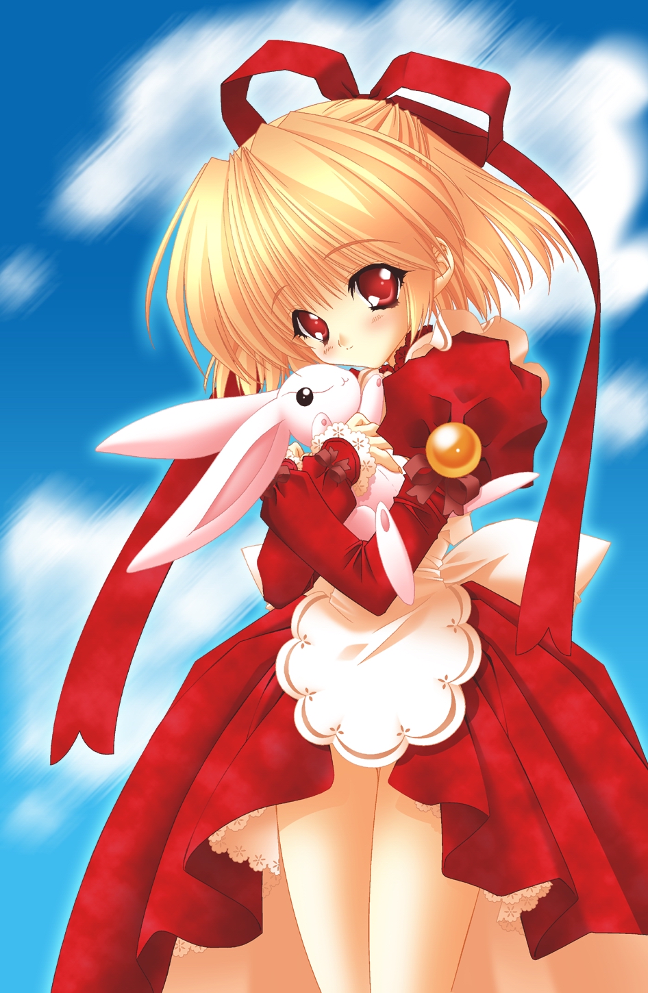 1girl, amamiya_poran, apron, blonde_hair, drain_cherry, highres, moldavite, rabbit, ribbon, short_hair, solo, stella_arista, stuffed_animal, stuffed_bunny, stuffed_toy