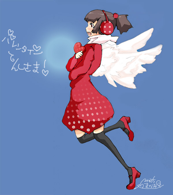 1girl, brown_hair, color_background, dress, earmuffs, female, full_body, heart