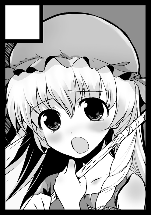 1girl, black_border, blonde_hair, blush, bonnet, border, braid, circle_cut
