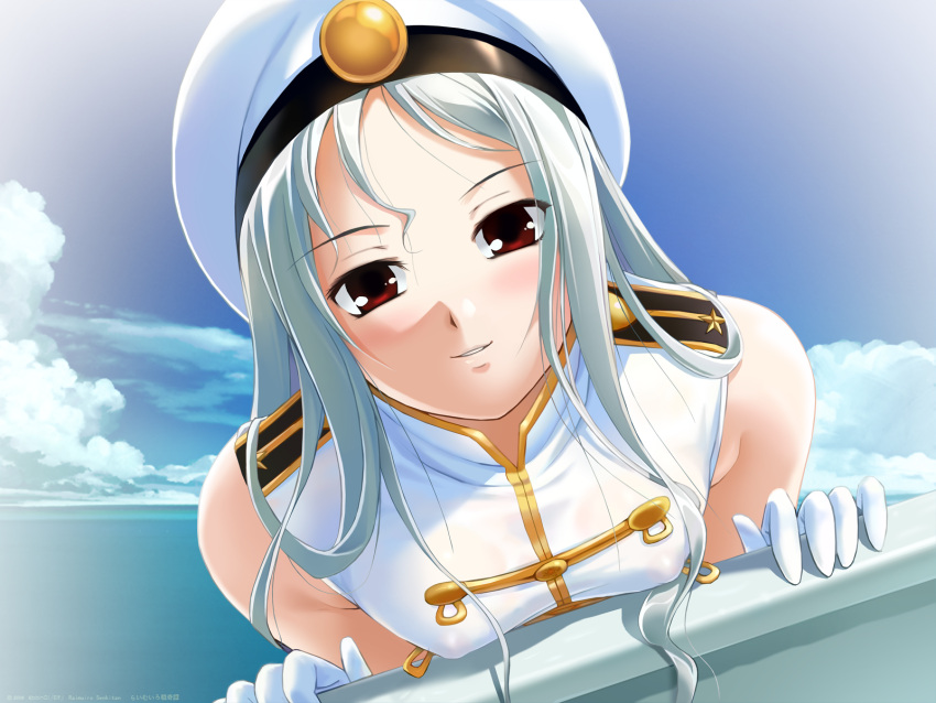 bare_shoulders, beret, blush, close-up, cloud, clouds, erect_nipples, gloves