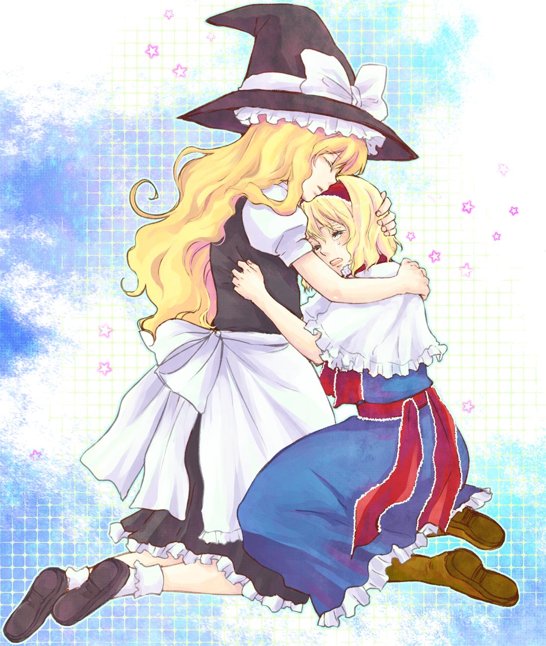 blonde_hair, boots, closed_eyes, hairband, hat, highres, kirisame_marisa, long_hair