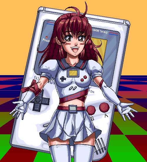 1girl, blush, game_boy, game_boy-tan, handheld_game_console, masao, nintendo, oekaki, original, personification, product_girl, redhead, smile, solo, thigh-highs, zettai_ryouiki
