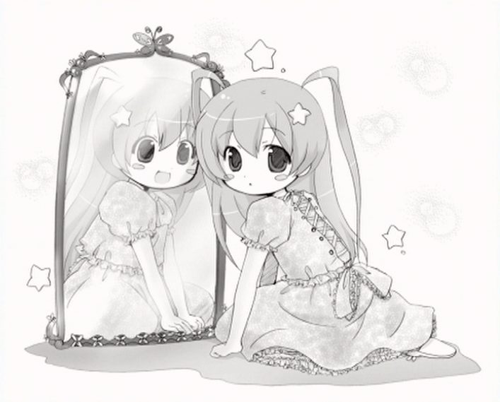1girl, 3332, artifacts, different_reflection, gakuen_utopia_manabi_straight!, mirror, monochrome, odori_momoha, reflection, resampling, resizing_artifacts, simple_background